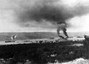 A pall of smoke hanging over the habour in Suda Bay - click to enlarge A pall of smoke hanging over the habour in Suda Bay