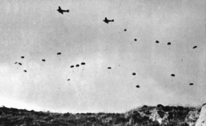 German paratroopers jumping From Ju 52s over Crete - click to enlarge German paratroopers jumping From Ju 52s over Crete